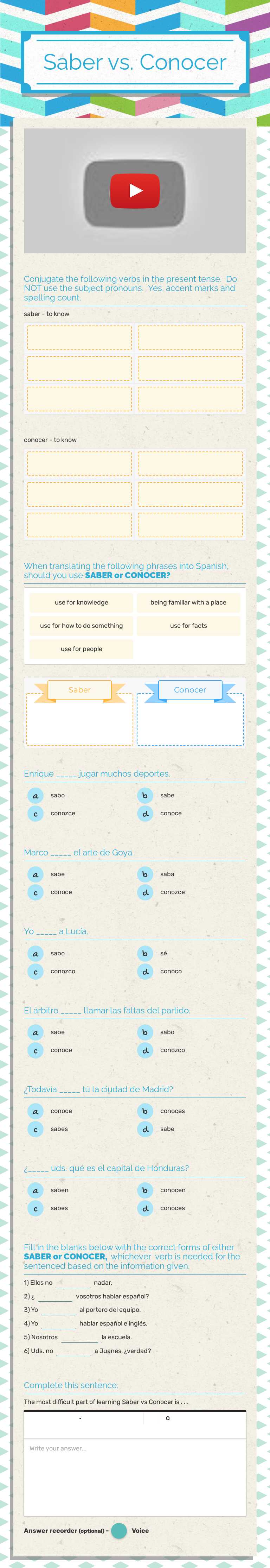 Saber vs. Conocer worksheet preview image
