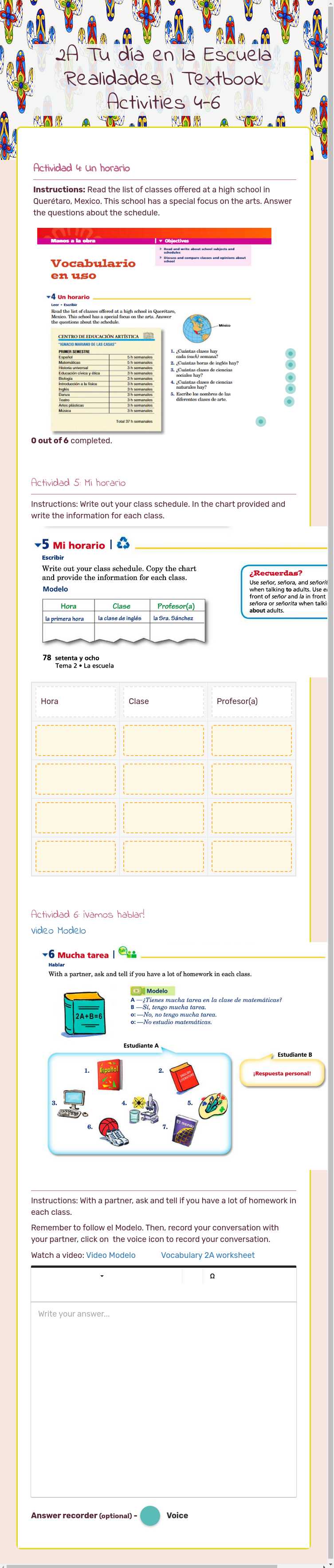 2A Tu día en la Escuela Realidades I Textbook Activities 4-6 Grade 10 worksheet preview