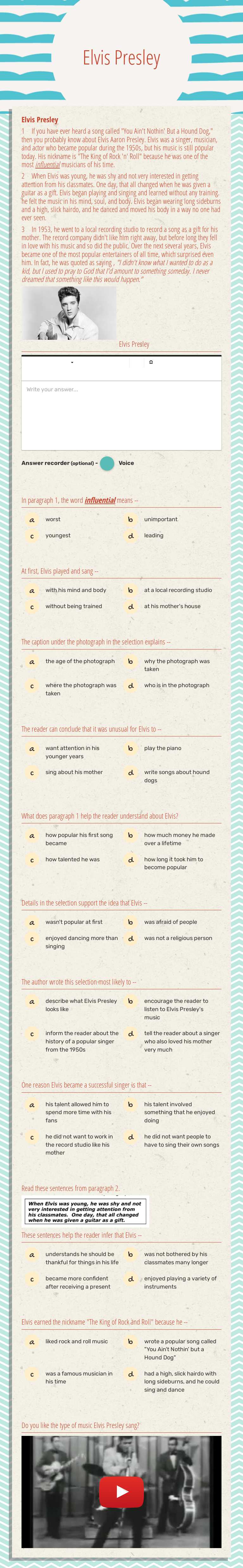 Elvis Presley worksheet preview image