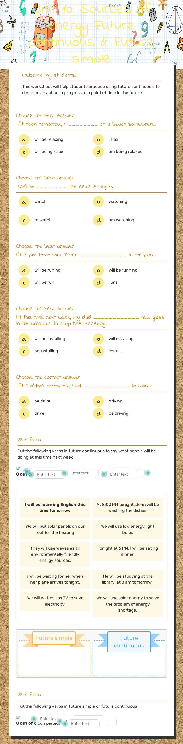 Unit 10: Sources of energy              Future continuous & Future simple Grade 7 worksheet preview