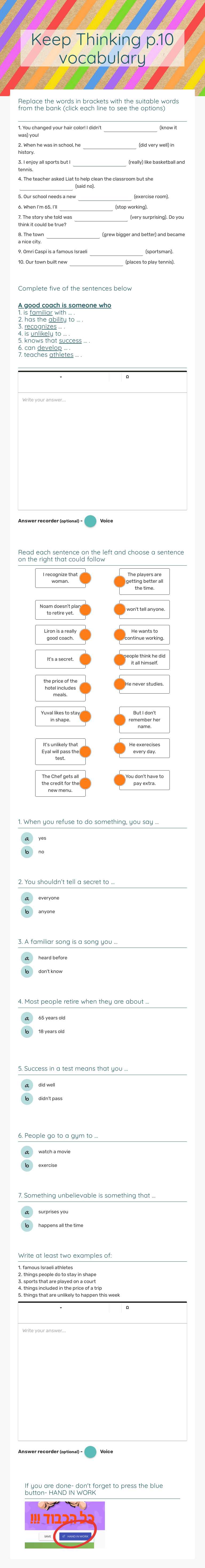 Keep Thinking p.10 vocabulary worksheet preview image