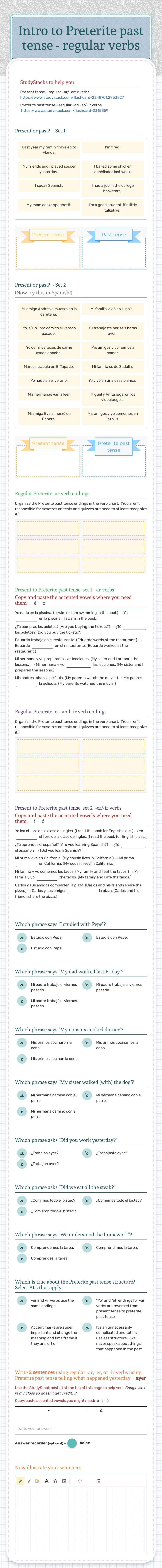 Intro to Preterite past tense - regular verbs worksheet preview image
