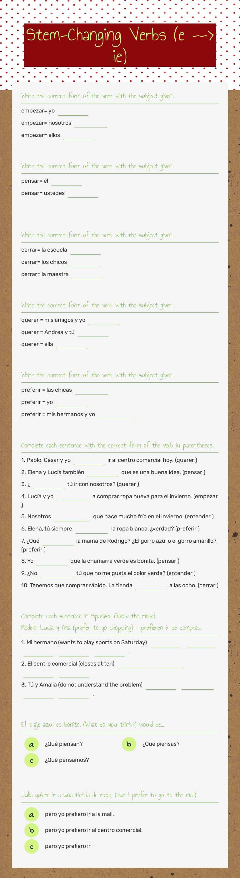 Stem-Changing Verbs      (e --> ie) worksheet preview image