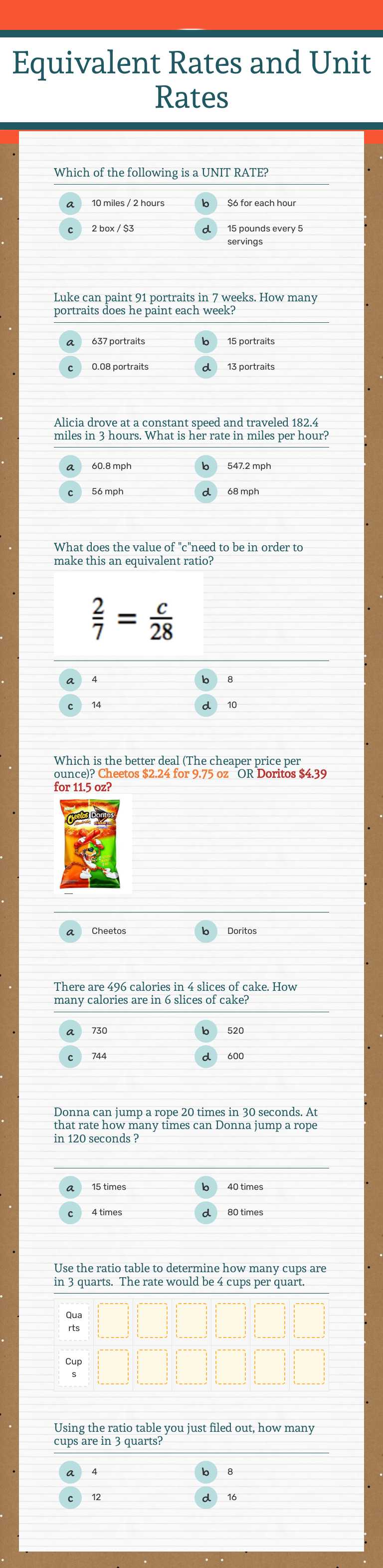 Equivalent Rates and Unit Rates worksheet preview image