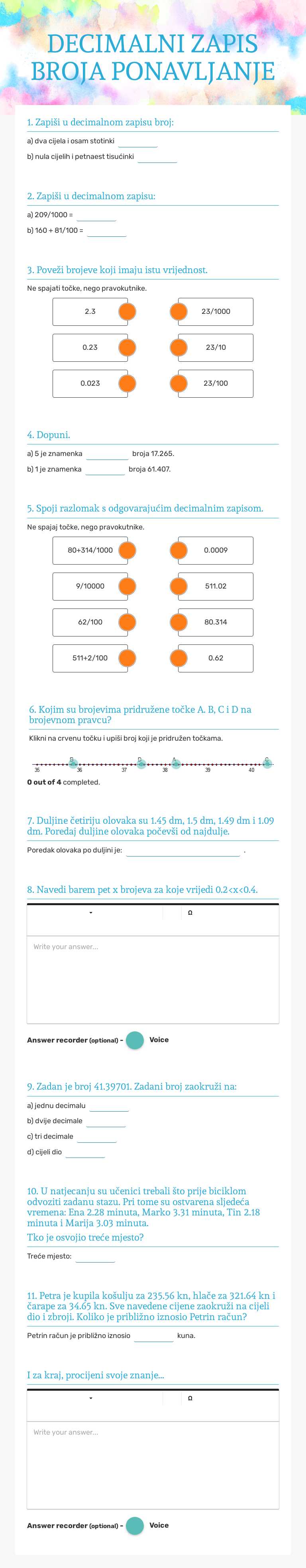 DECIMALNI ZAPIS BROJA PONAVLJANJE Grade 5 worksheet preview