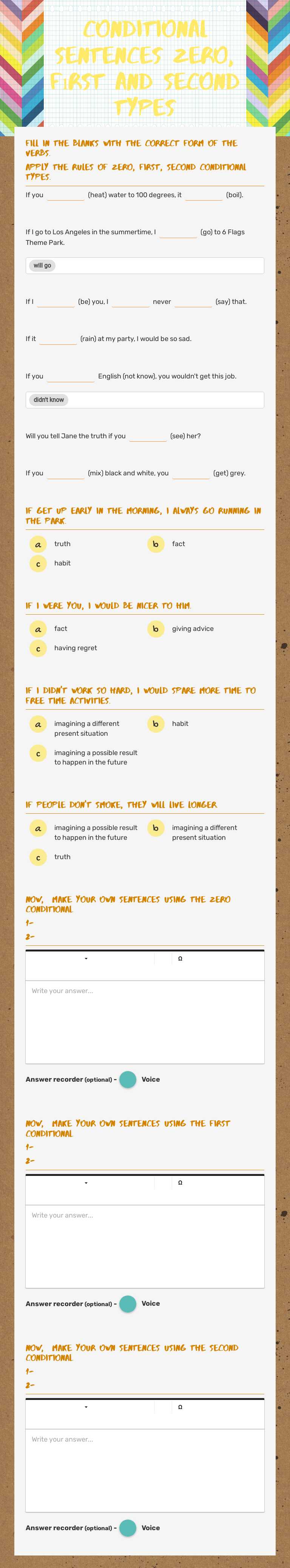 conditional sentences zero, fırst and second types worksheet preview image