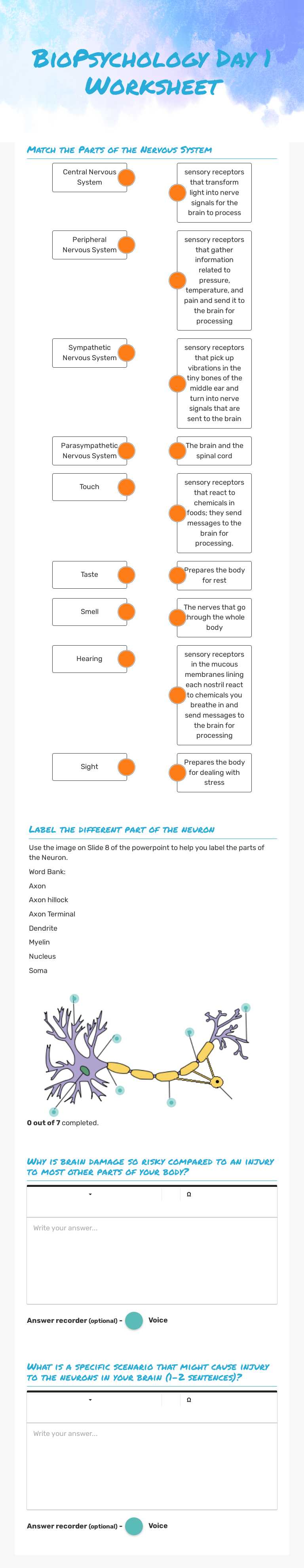 BioPsychology Day 1 Worksheet worksheet preview image