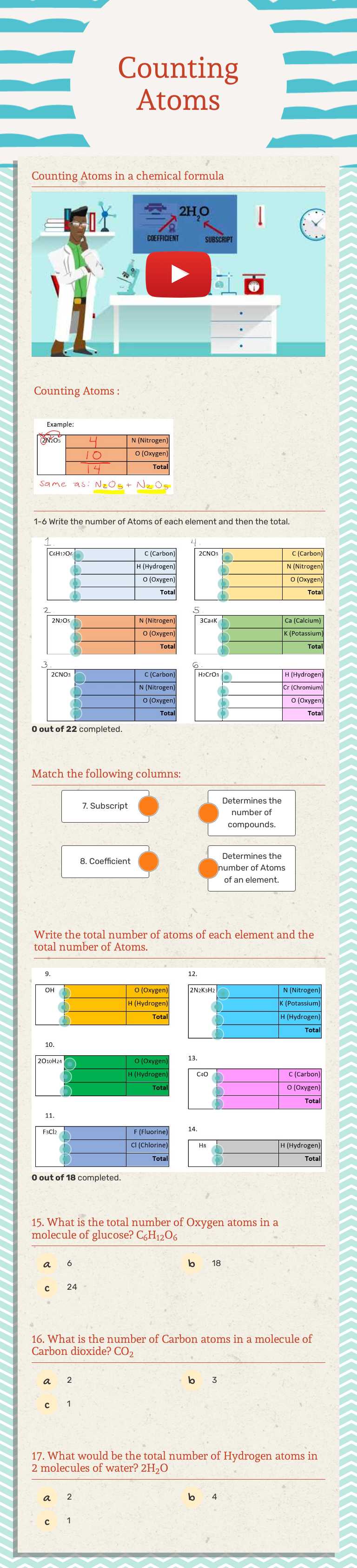 Counting Atoms by Cynthia Parcells | Interactive Worksheet | Wizer.me