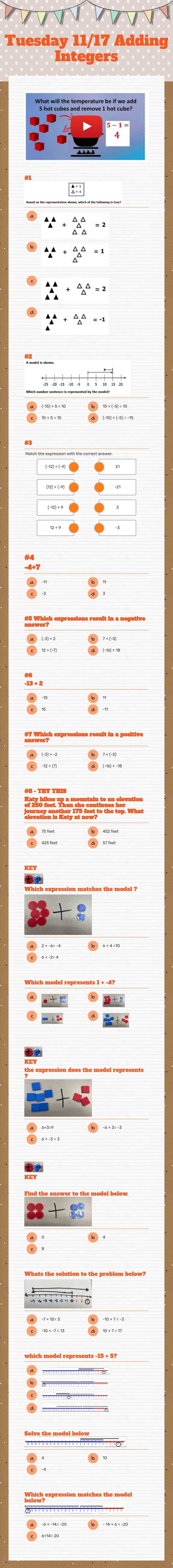 Tuesday 11/17 Adding Integers worksheet preview image