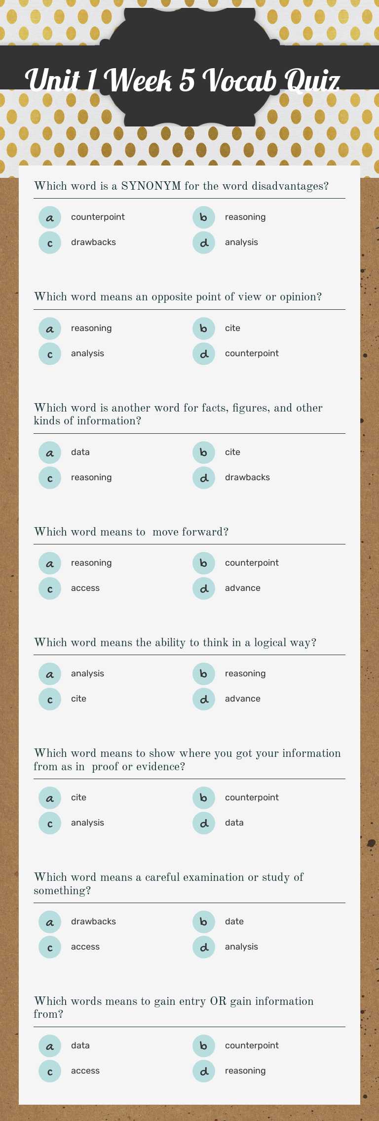 Unit 1 Week 5 Vocab Quiz worksheet preview image