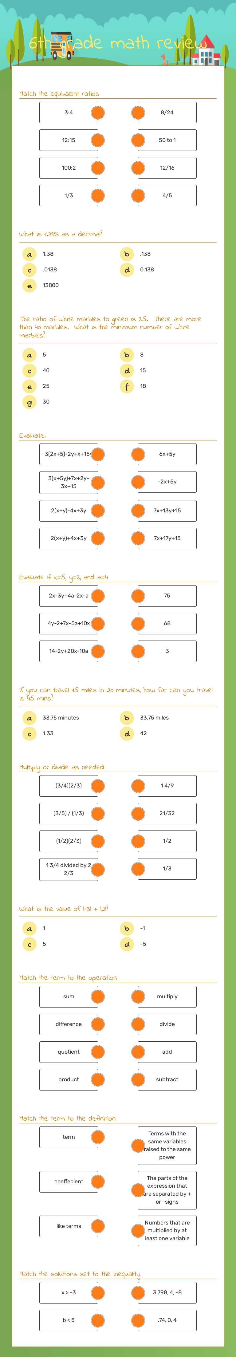 6th grade math review Grade 6 worksheet preview