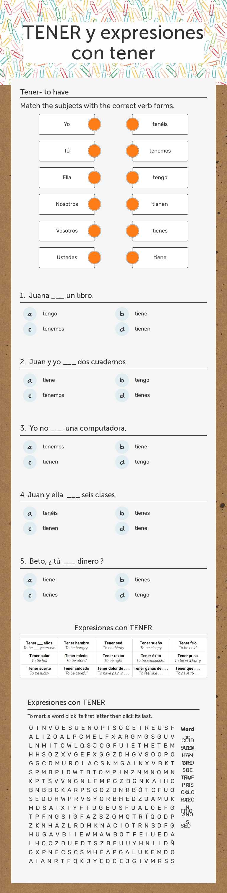 TENER y expresiones con tener worksheet preview image