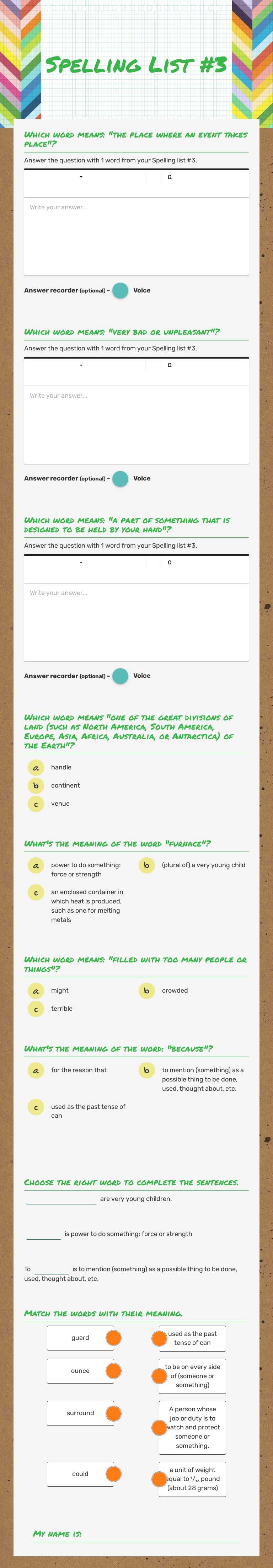 Spelling List #3 worksheet preview image