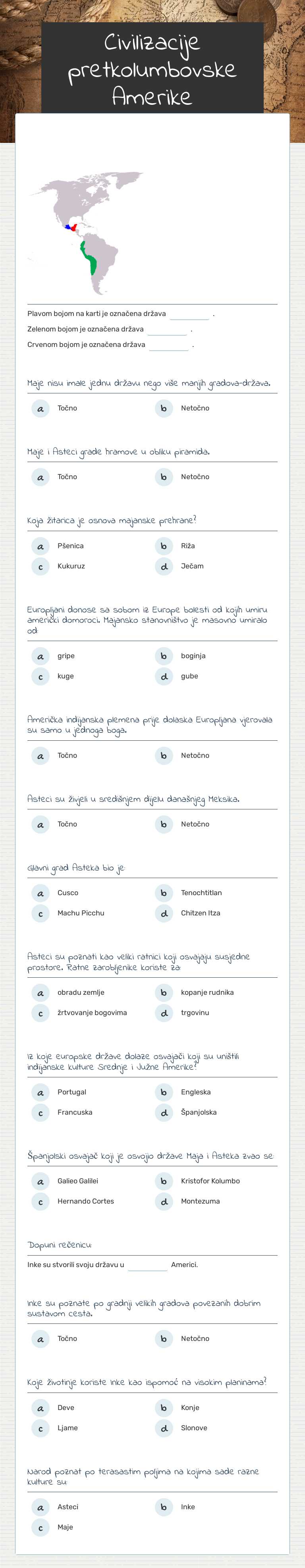 Civilizacije pretkolumbovske Amerike worksheet preview image