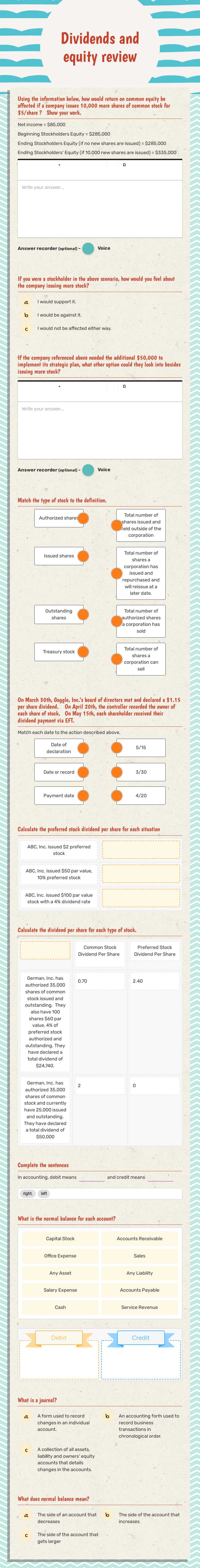 Dividends and equity review worksheet preview image