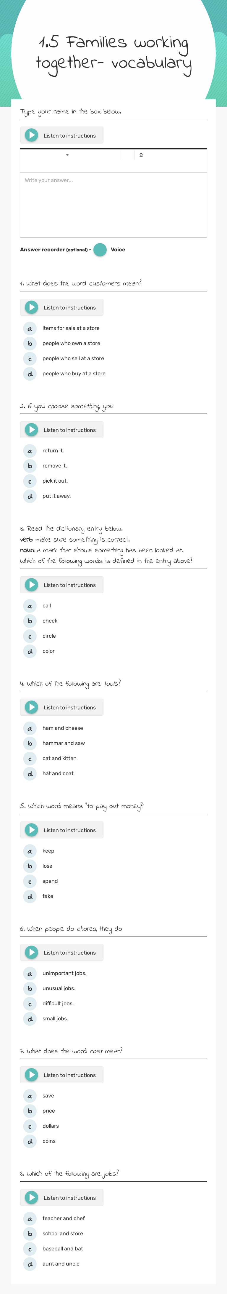 1.5 Families working together- vocabulary worksheet preview image