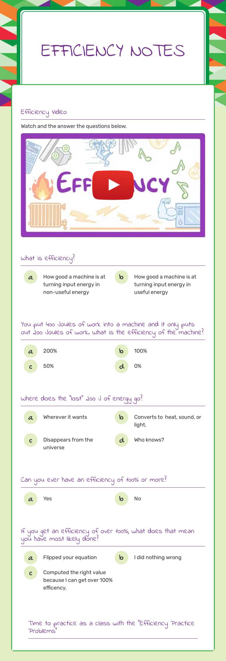 Efficiency 
Notes worksheet preview image