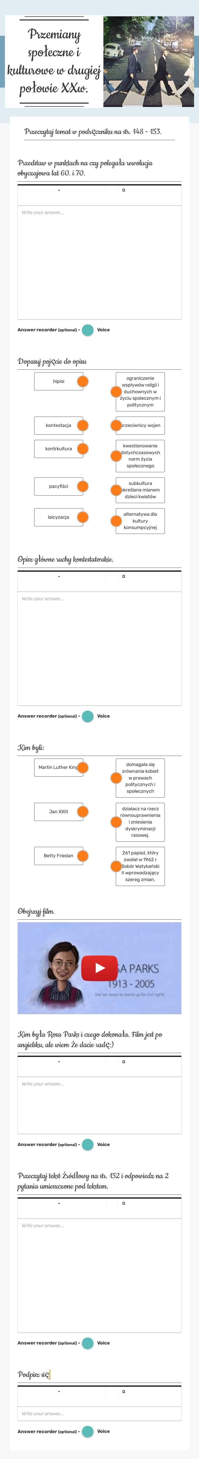 Przemiany społeczne i kulturowe w drugiej połowie XXw. Grade 8 worksheet preview