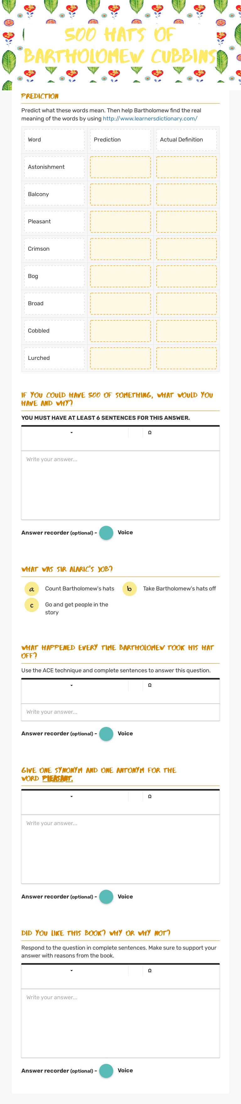 500 hats of bartholomew cubbins Grade 3 worksheet preview