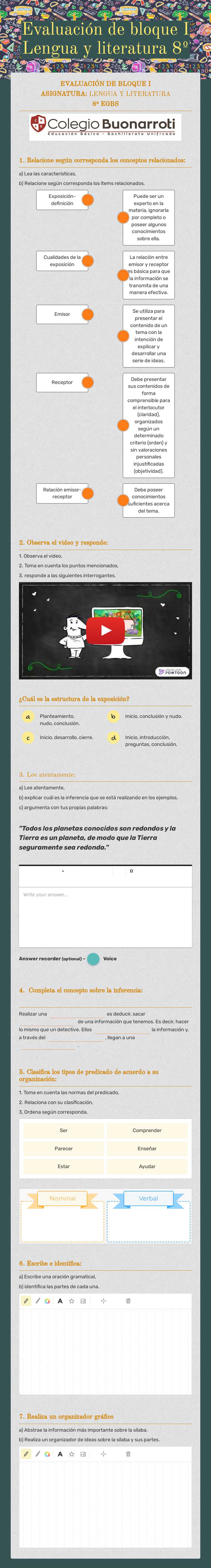 Evaluación de bloque I    Lengua y literatura 8º worksheet preview image