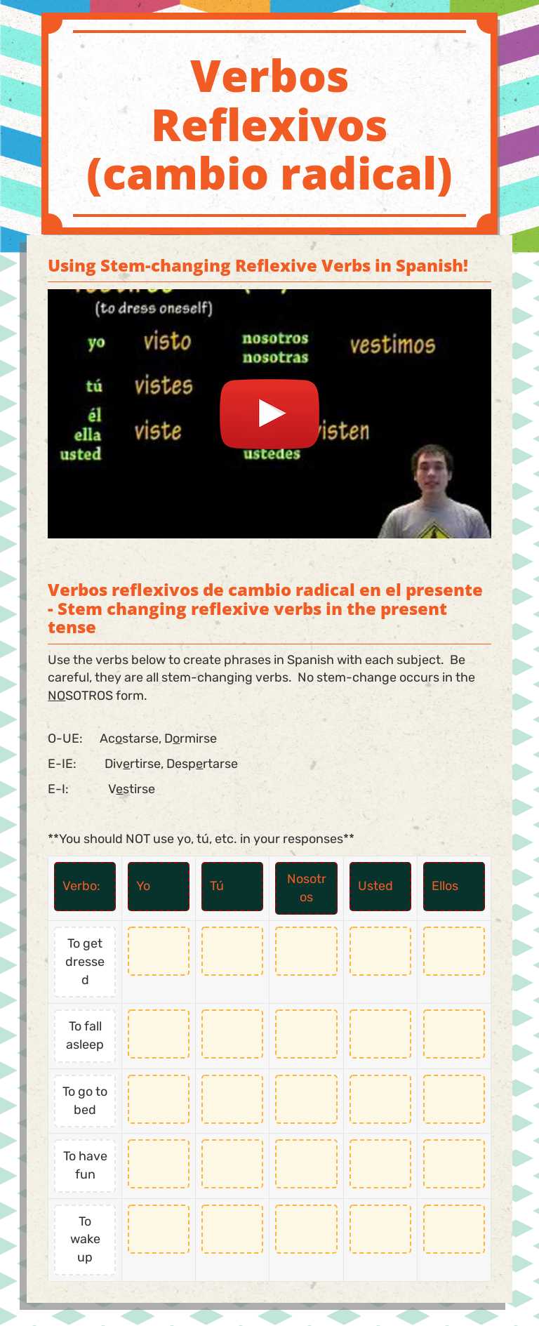Verbos Reflexivos (cambio radical) worksheet preview image
