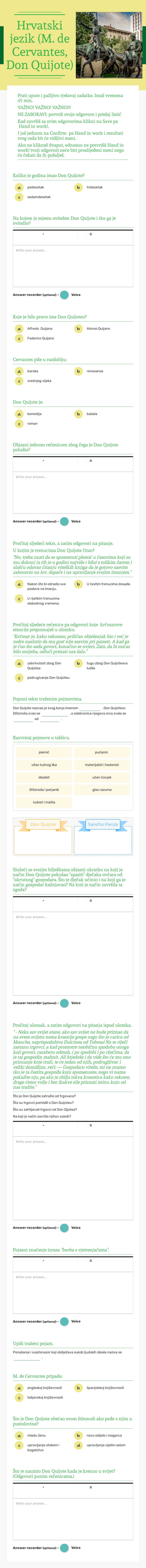 Hrvatski jezik                    (M. de Cervantes, Don Quijote) worksheet preview image