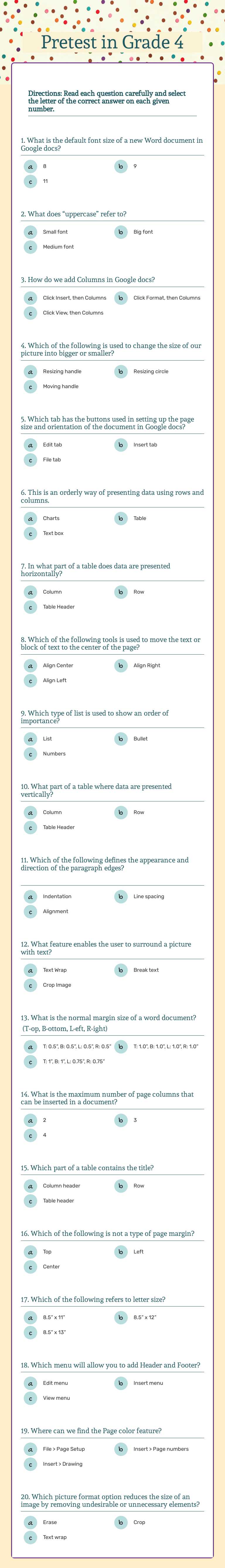 Pretest in Grade 4 worksheet preview image