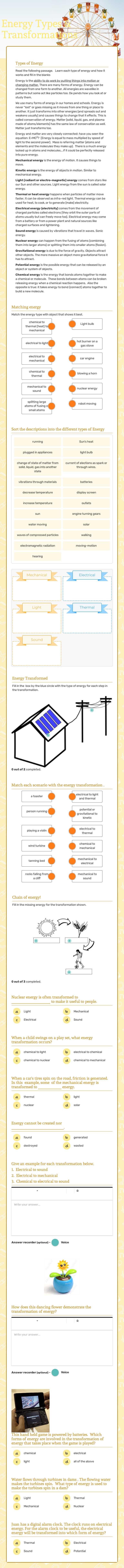 Energy Types & Transformations Grade 7 worksheet preview