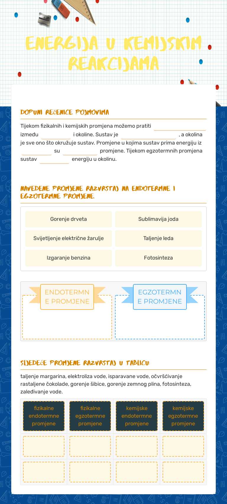 Energija u kemijskim reakcijama Grade 7 worksheet preview