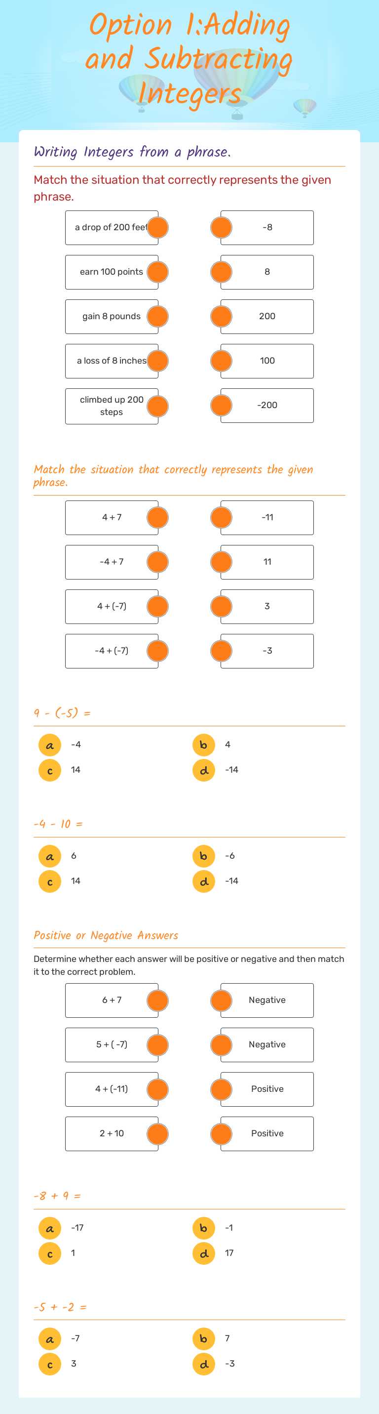 Option 1:Adding and Subtracting Integers worksheet preview image