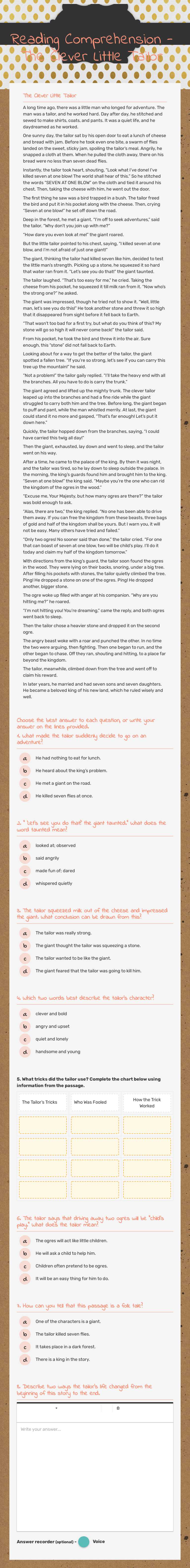 Reading Comprehension - The Clever Little Tailor worksheet preview image