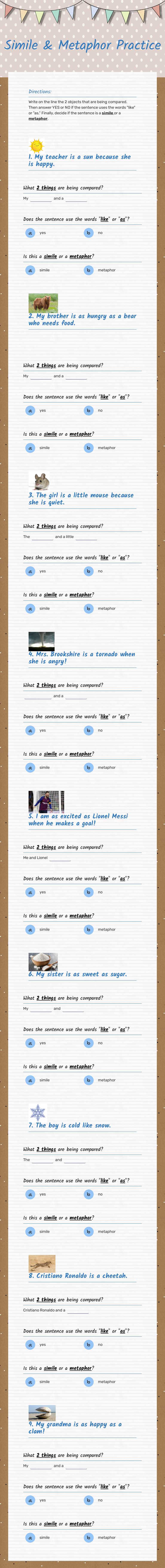 Simile & Metaphor Practice Grade 3 worksheet preview