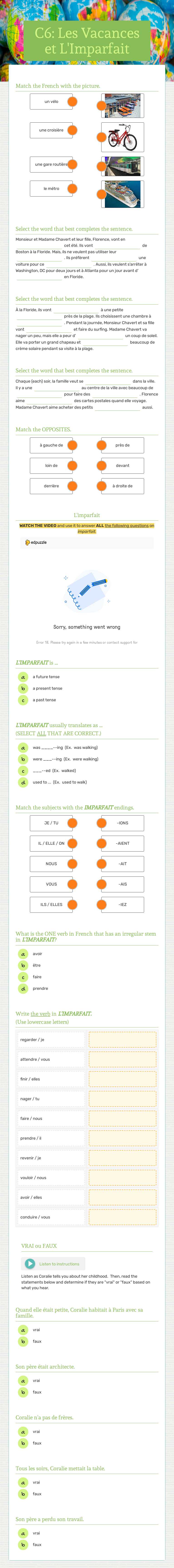 C6: Les Vacances et L'Imparfait Grade 10 worksheet preview