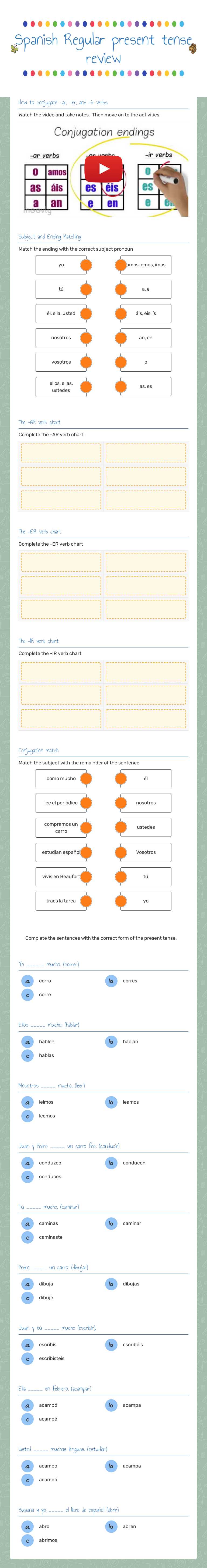 Spanish Regular present tense review worksheet preview image