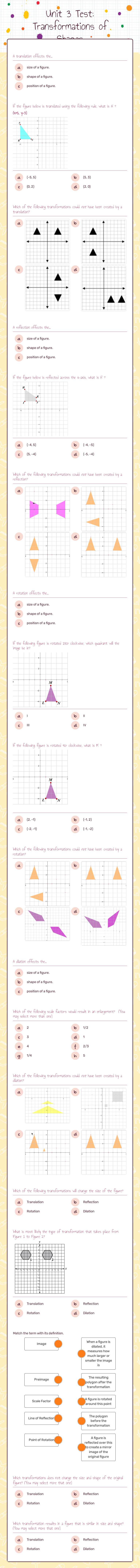 Unit 3 Test: Transformations of Shapes Grade 8 worksheet preview