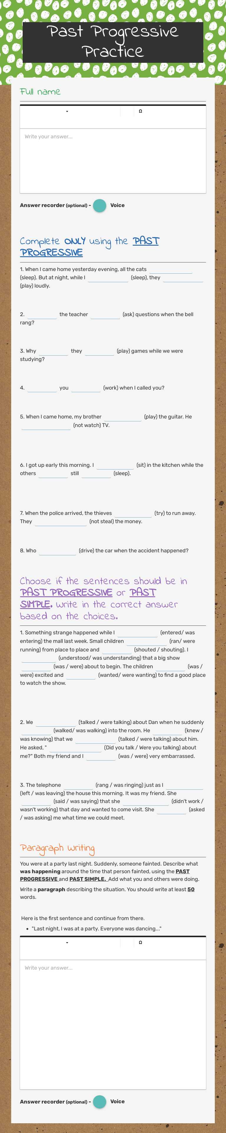 Past Progressive Practice worksheet preview image