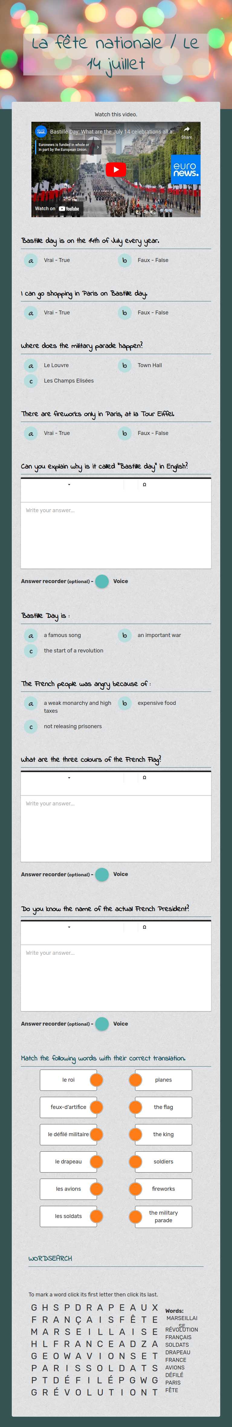 La fête nationale / Le 14 juillet worksheet preview image