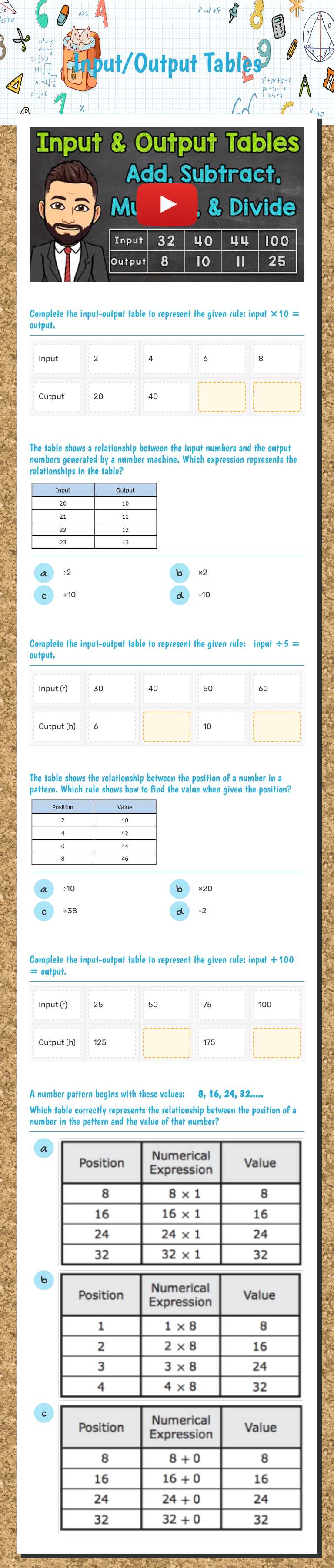 Input/Output Tables worksheet preview image