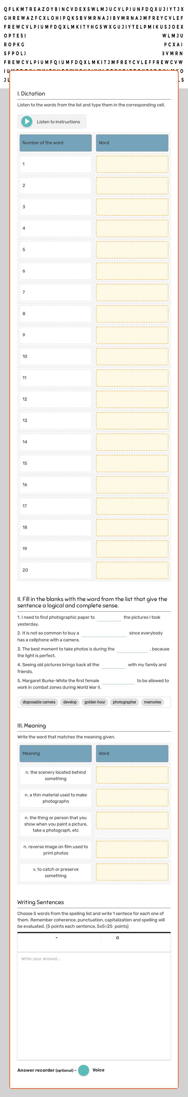 5G A Spelling Quiz #5 "Photography" worksheet preview image