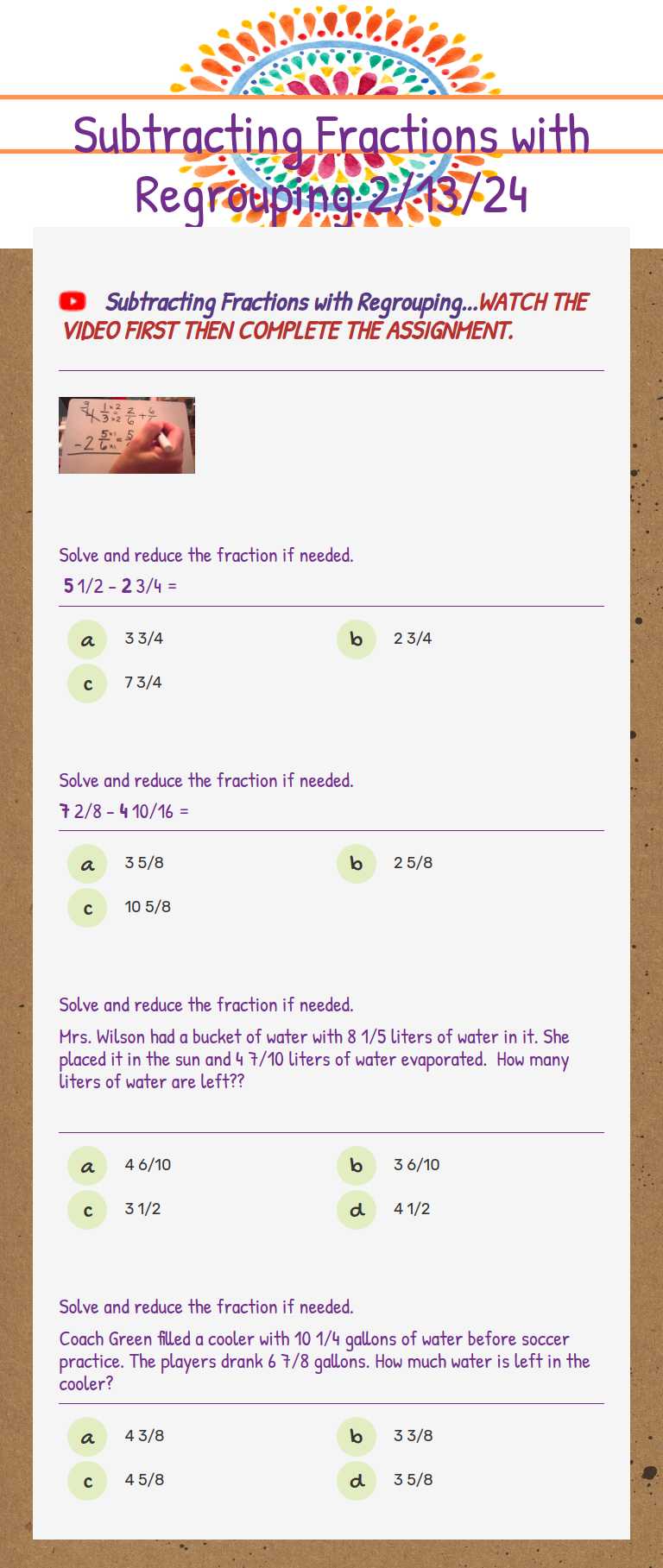 Subtracting Fractions with Regrouping 2/13/24 worksheet preview image