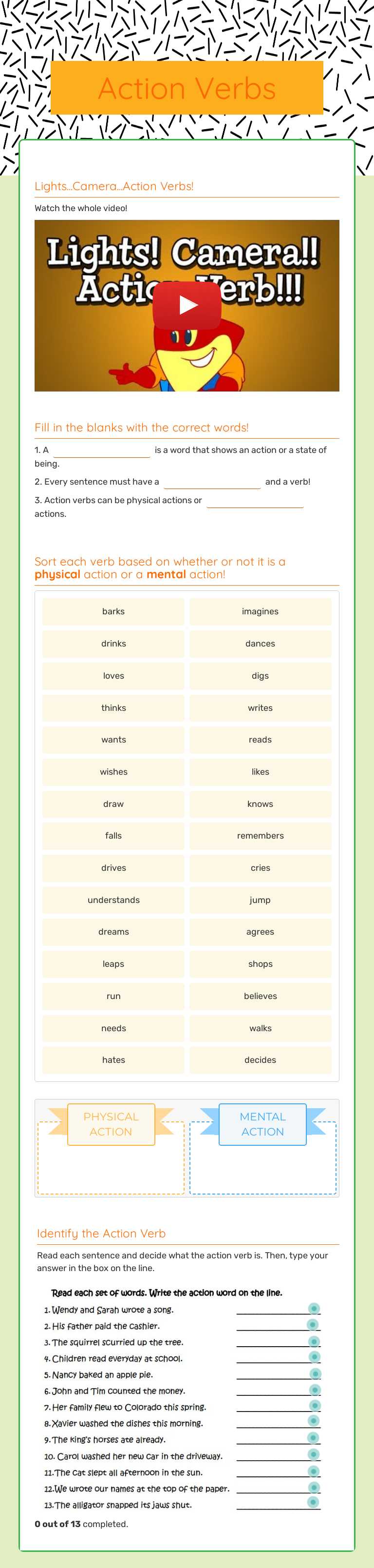Action Verbs worksheet preview image