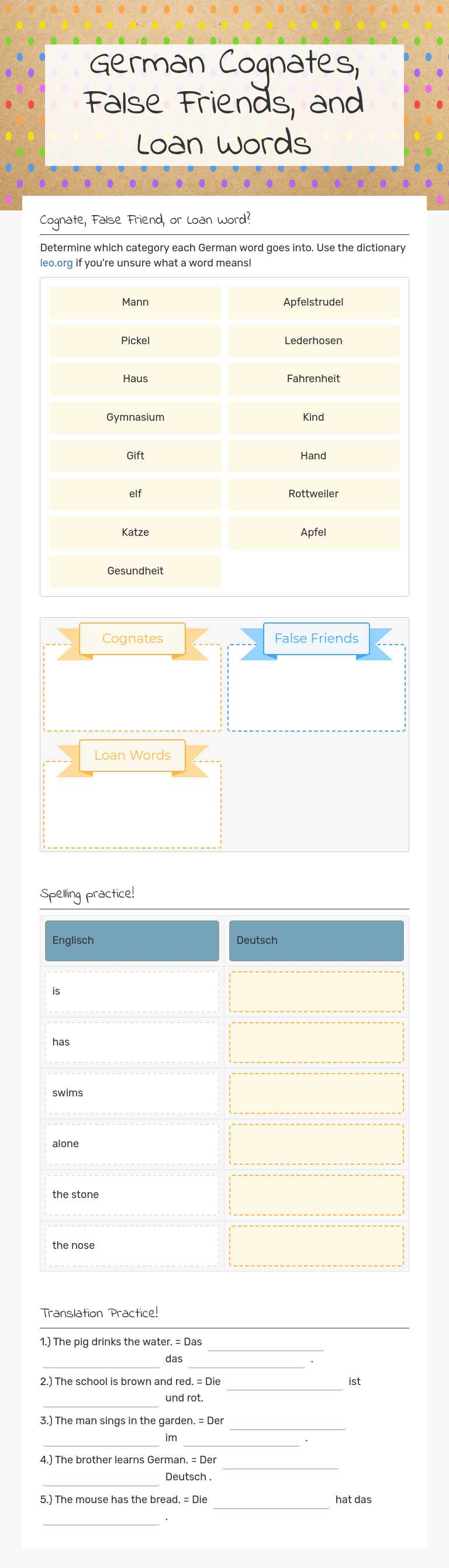 German Cognates, False Friends, and Loan Words worksheet preview image