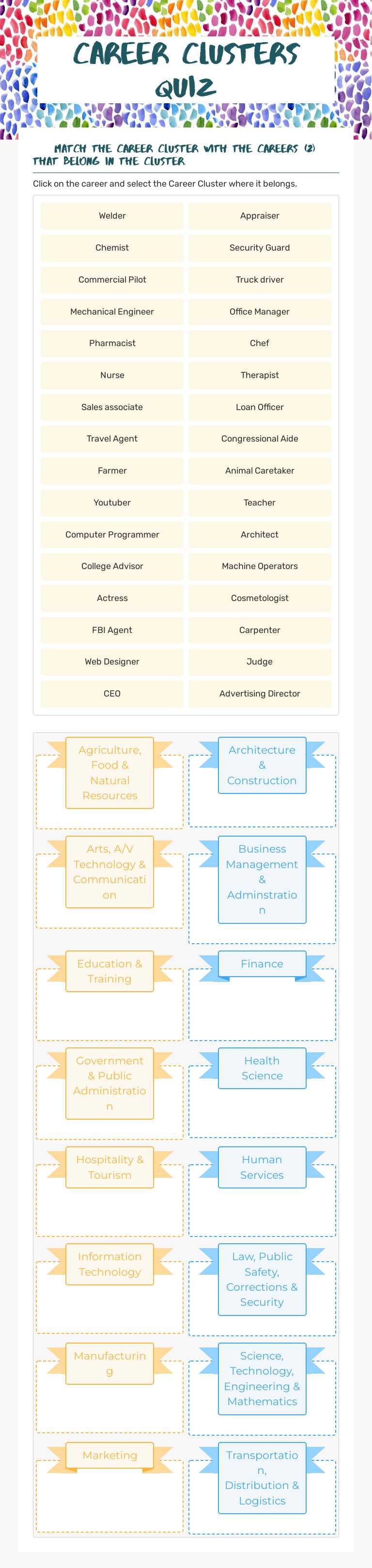 Career Clusters Quiz worksheet preview image