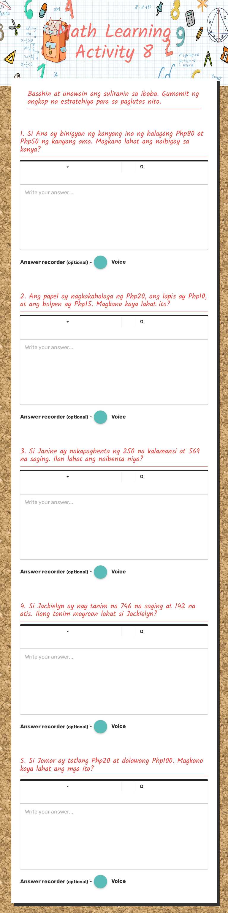 Math Learning Activity 8 worksheet preview image