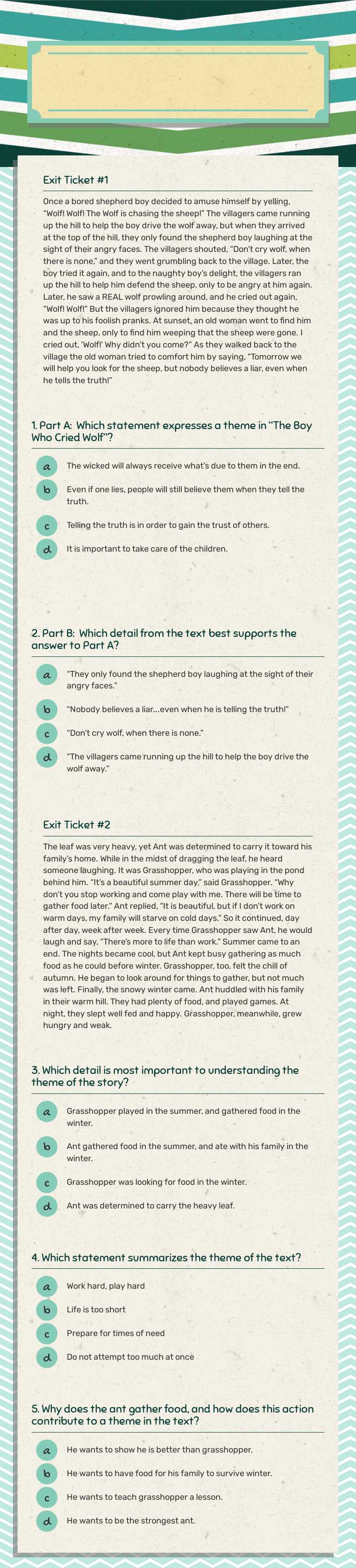 Theme Exit Tickets worksheet preview image