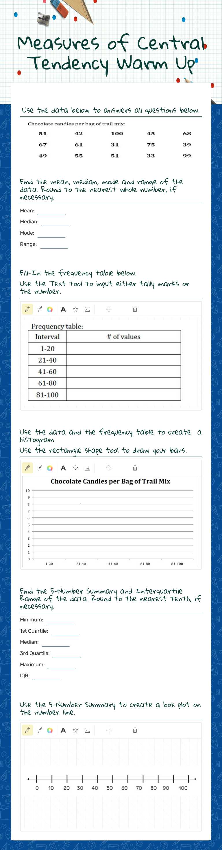 Measures of Central Tendency Warm Up worksheet preview image