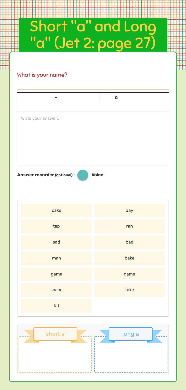 Short "a" and Long "a"                 (Jet 2: page 27) worksheet preview image