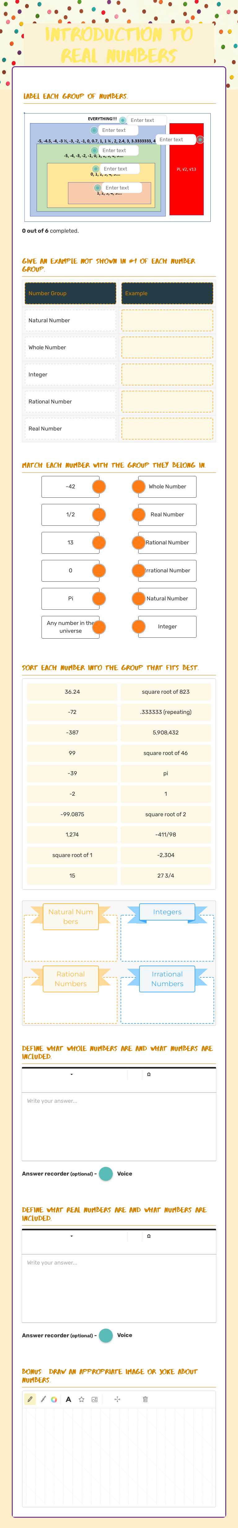 Introduction to  real numbers worksheet preview image