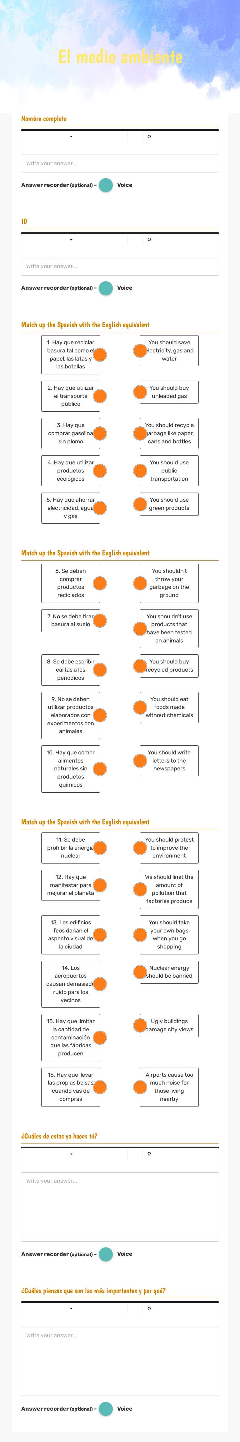 El medio ambiente Grade 10 worksheet preview
