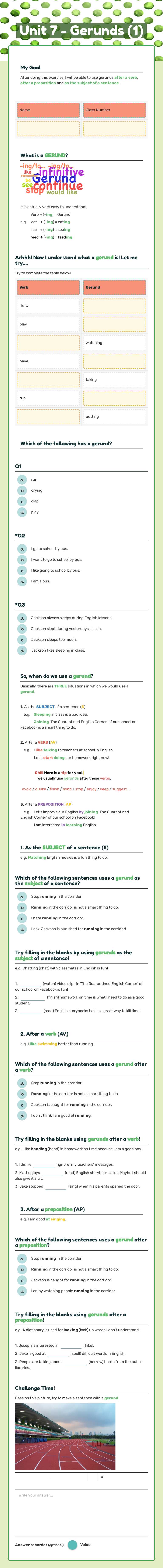 Unit 7 - 
Gerunds (1) worksheet preview image